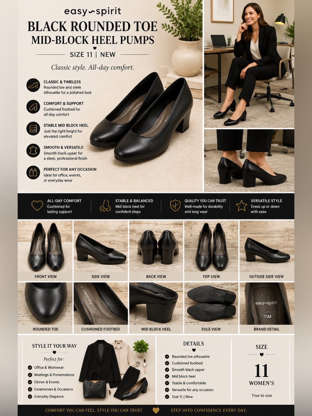 Easy Spirit Black Rounded Toe Mid-Block Heel Pumps 11 NEW